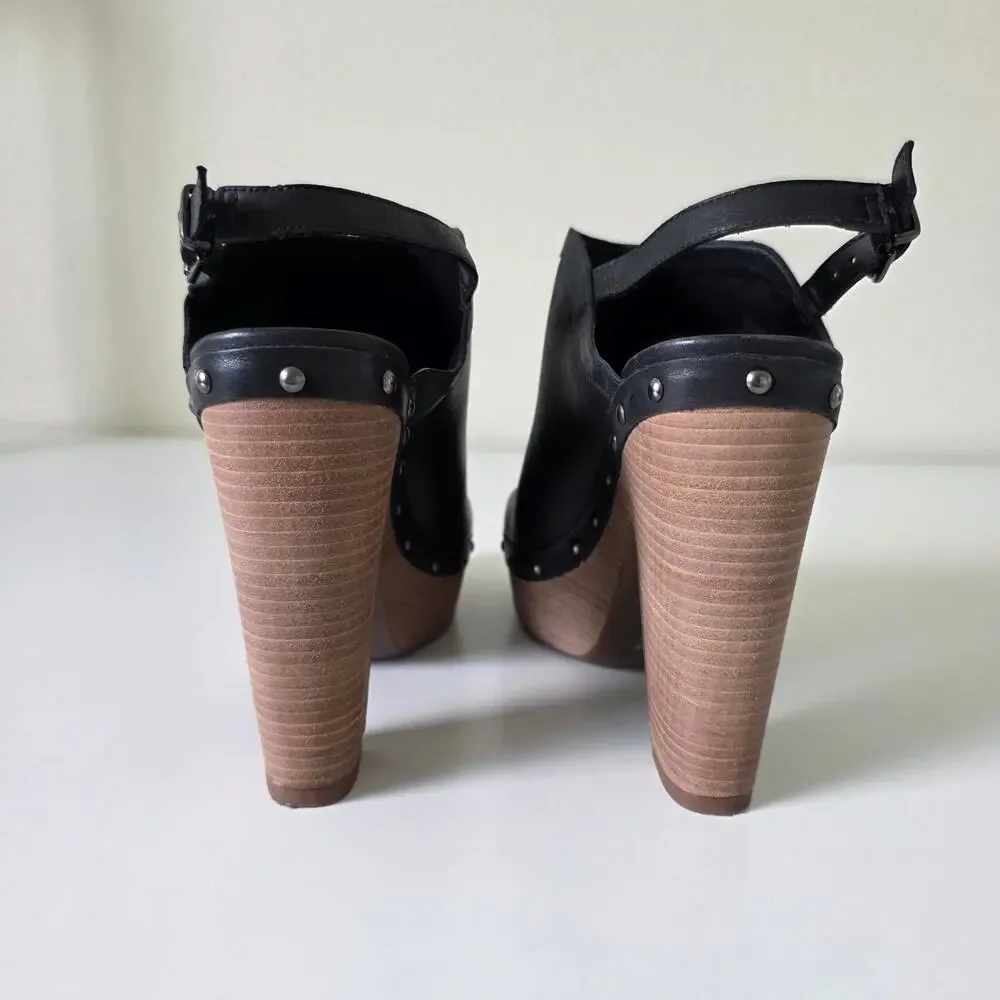 Jessica Simpson Black Leather Platform Heels Peep Toe Clog Sandals Women 7.5M